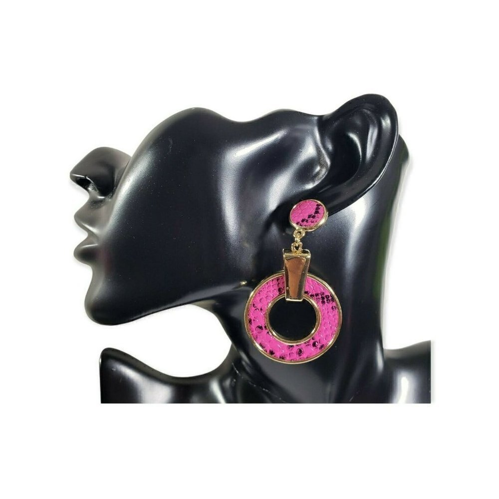 Fashion Jewelry Fuchsia Pink Linked Hoop Snake Skin Printed Dangle Drop Earrings